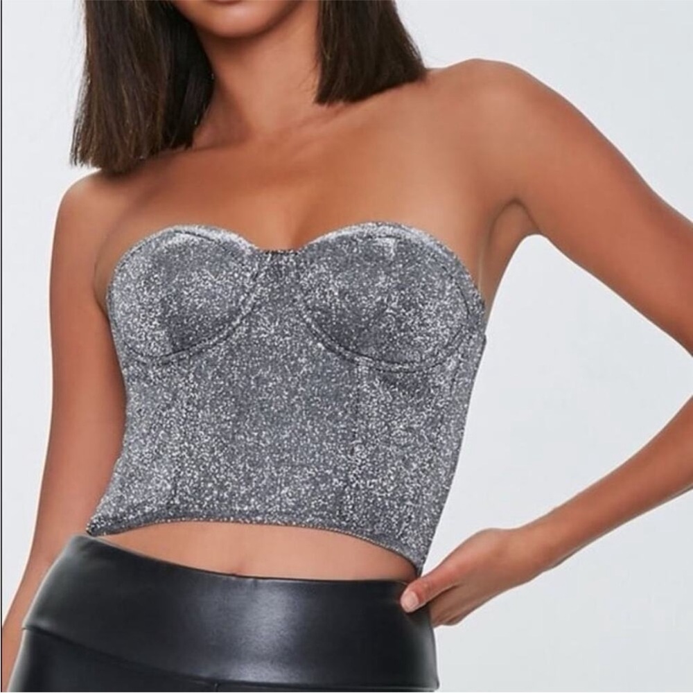 Forever 21 Silver Glitter Strapless Bustier Crop Top